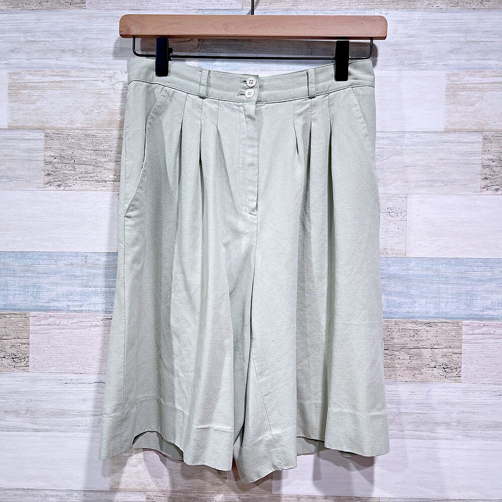 Liz Claiborne Vintage 100% Silk Longline Shorts Green Pleated Womens 8P 8 Petite